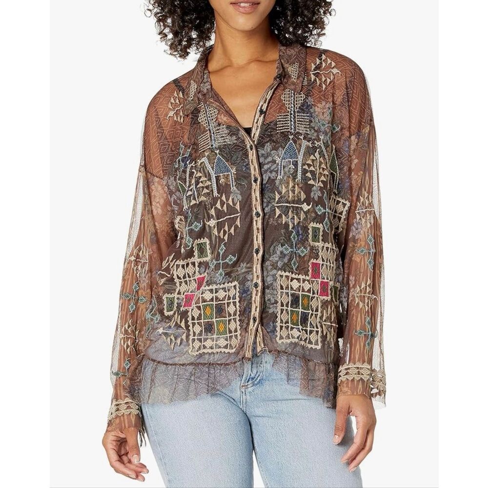 JOHNNY WAS Embroidered Mesh Blouse Size L